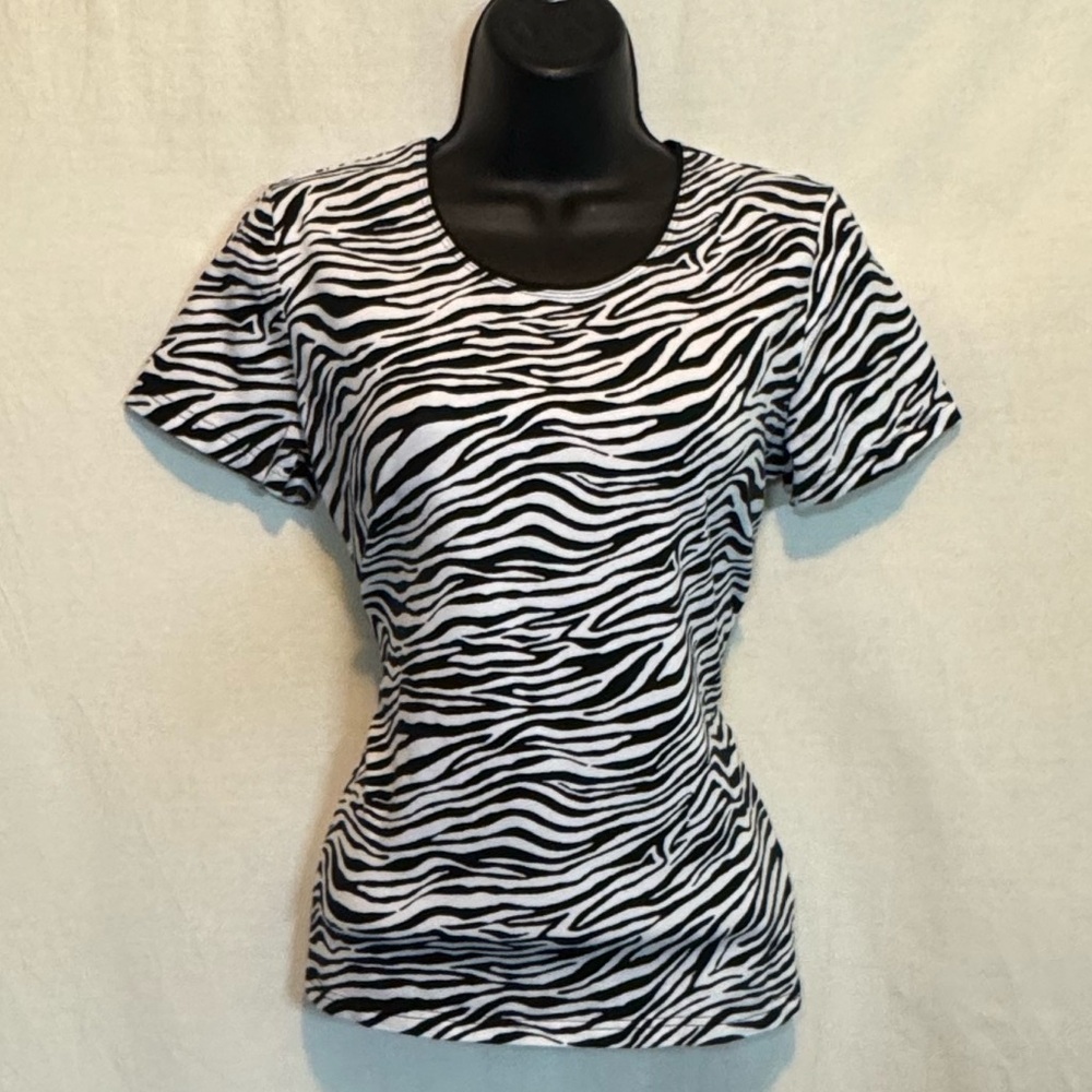 G-74 Kim Rogers Black & White Animal Print Pullover Short Sleeve Blouse Size S